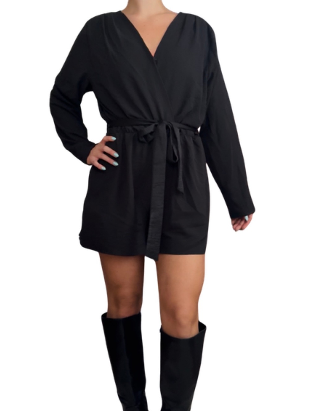 Black Long Sleeve Wrap Romper with Waist Tie